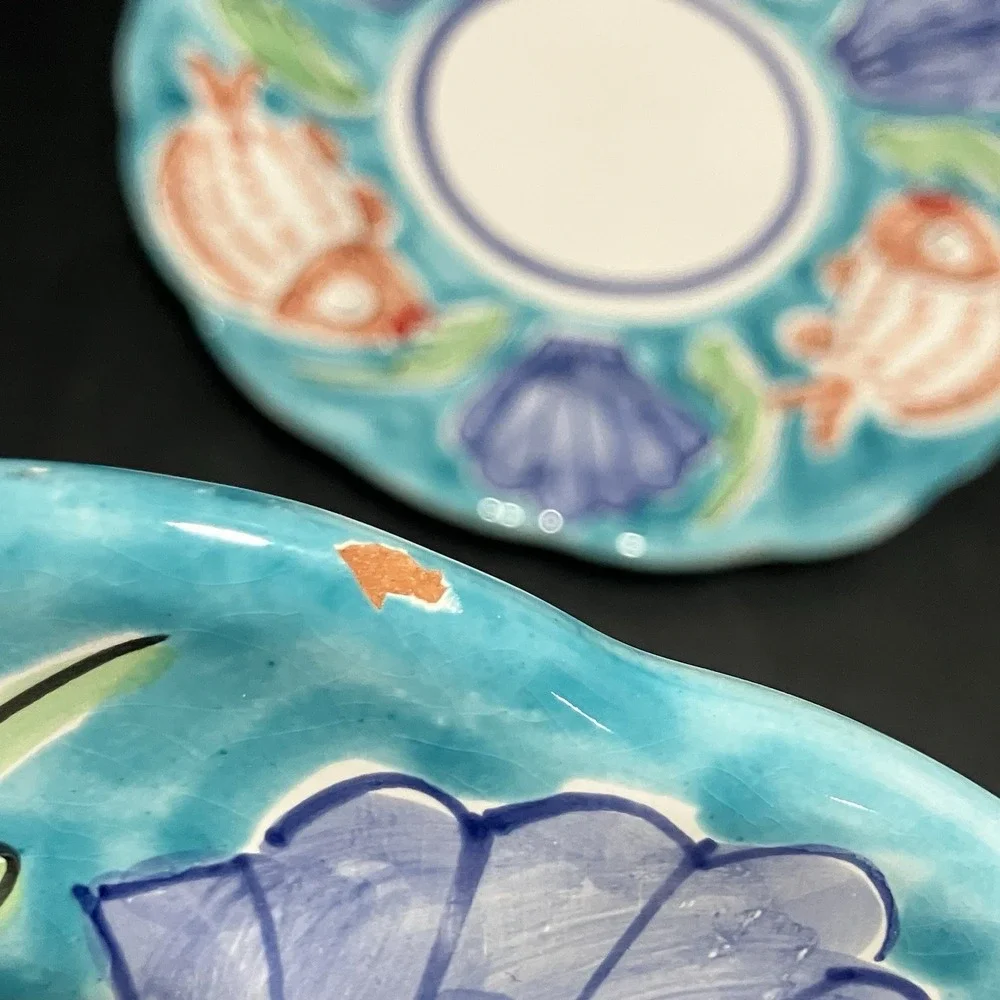 La Musa Italy Set of 7 Hand Painted Fish Seashell Ceramic Dinner Plates Coastal